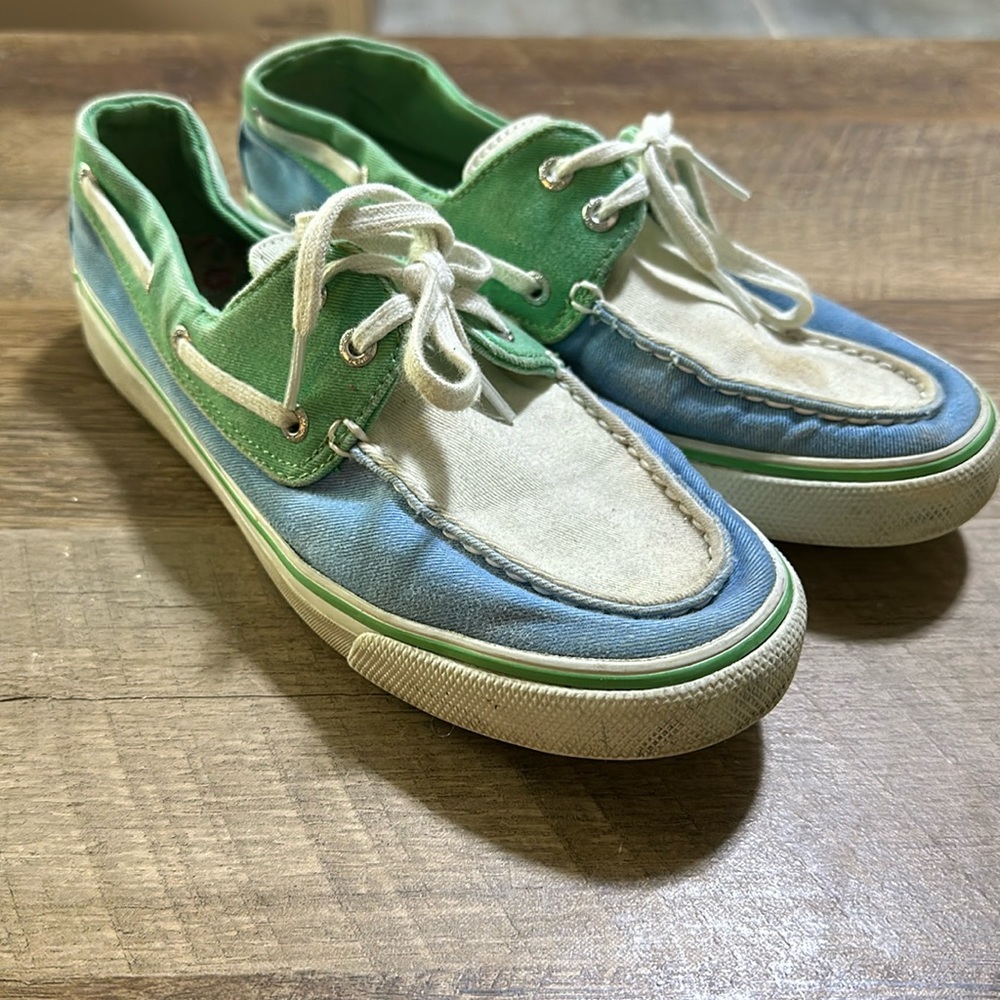 Green, blue and white Sperry Top Siders